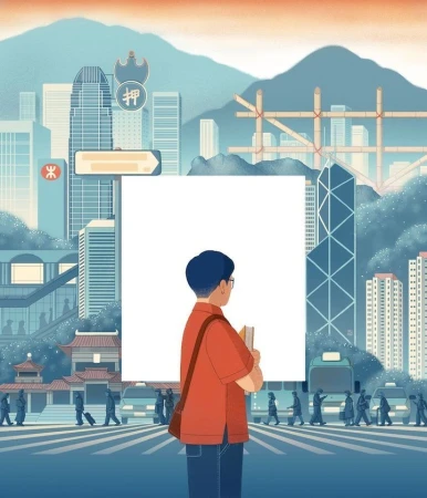 Illustration of a person holding a blank sign in a stylized urban landscape with people, buildings, and mountains in the background.