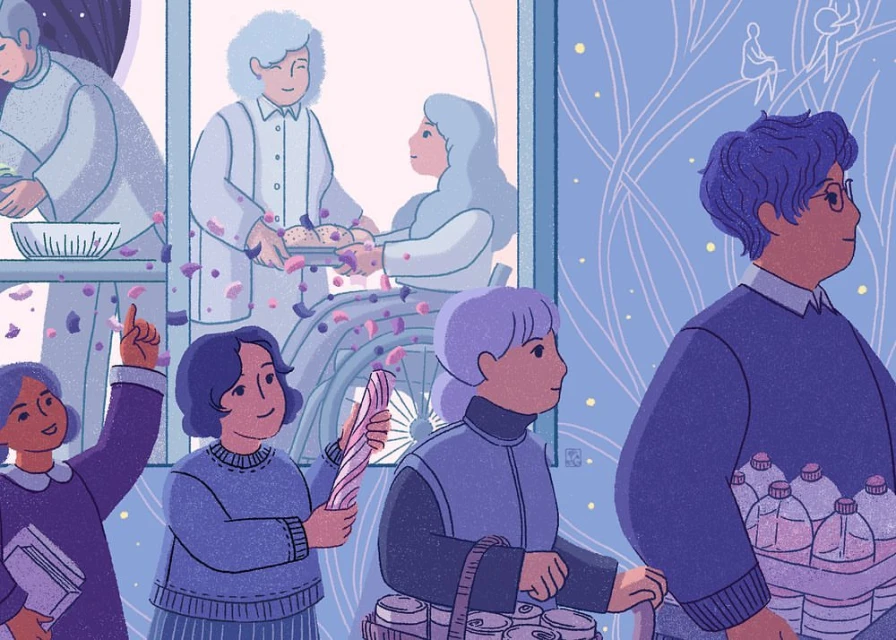 Illustration of a group of people participating in a community service or food drive, with an emphasis on giving and helping others.