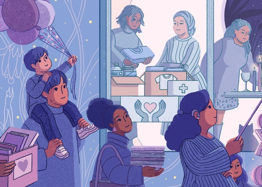 Illustration of diverse people donating clothes and books, child on shoulders holding balloons, indoor setting, purple color palette.