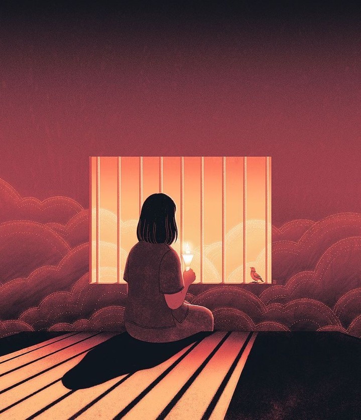 Illustration of a person seated in front of a barred window with a bird on the sill, with a warm, orange-red color palette.