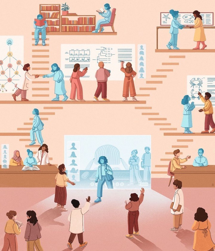 Illustration depicts a multilevel architectural scene with diverse people interacting near bookshelves, tables, and science diagrams.