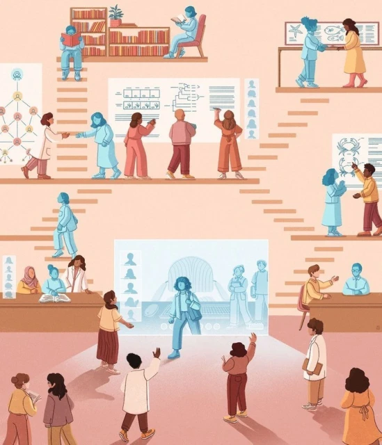 Illustration depicts a multilevel architectural scene with diverse people interacting near bookshelves, tables, and science diagrams.