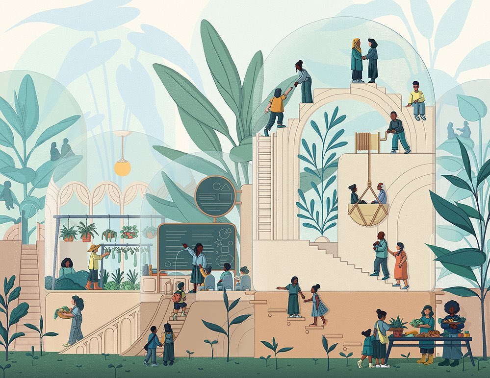 Illustration of diverse people collaborating in a sustainable urban ecosystem, featuring a greenhouse, garden, and educational spaces.