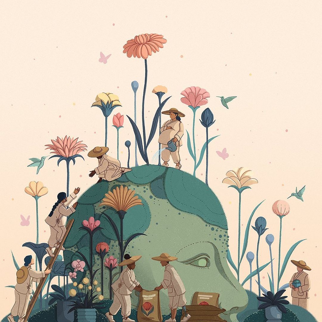 Digital illustration of figures planting flowers on a world-shaped hill, rendered with flat colors and cartoon-like shapes, fair skin.