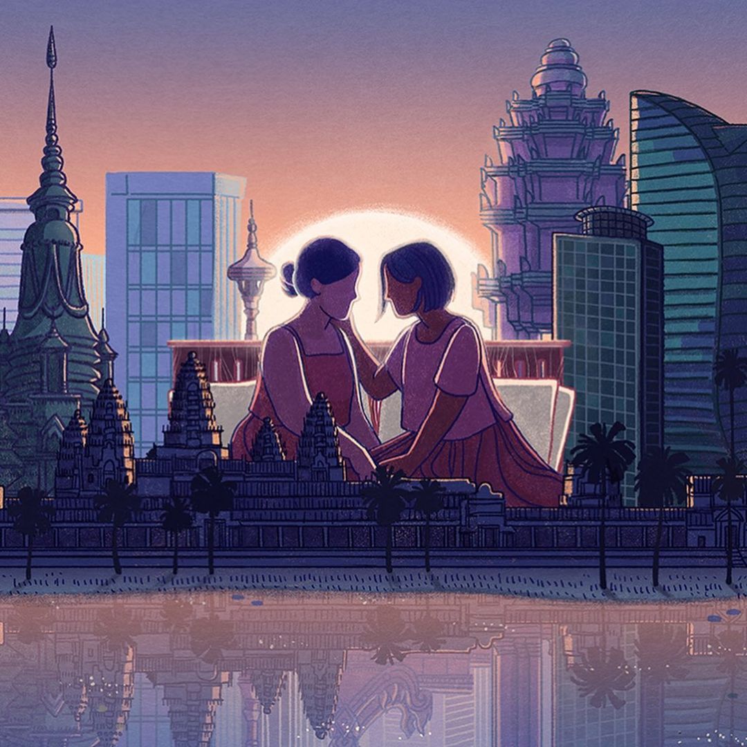 Illustration of two women embracing against a backdrop of Asian-style architecture, skyscrapers, and a warm sunset, reflected in water.