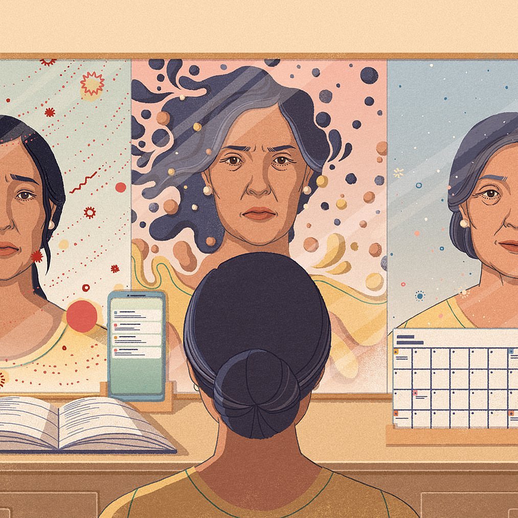 Illustration featuring an adult female's portrait from behind, with illustrations of her at different life stages displayed behind her.