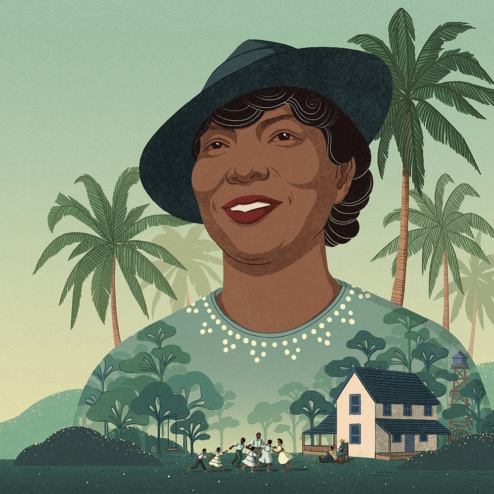 Illustration of a black woman in a hat, with palm trees, a white house, and children playing in the background under trees.