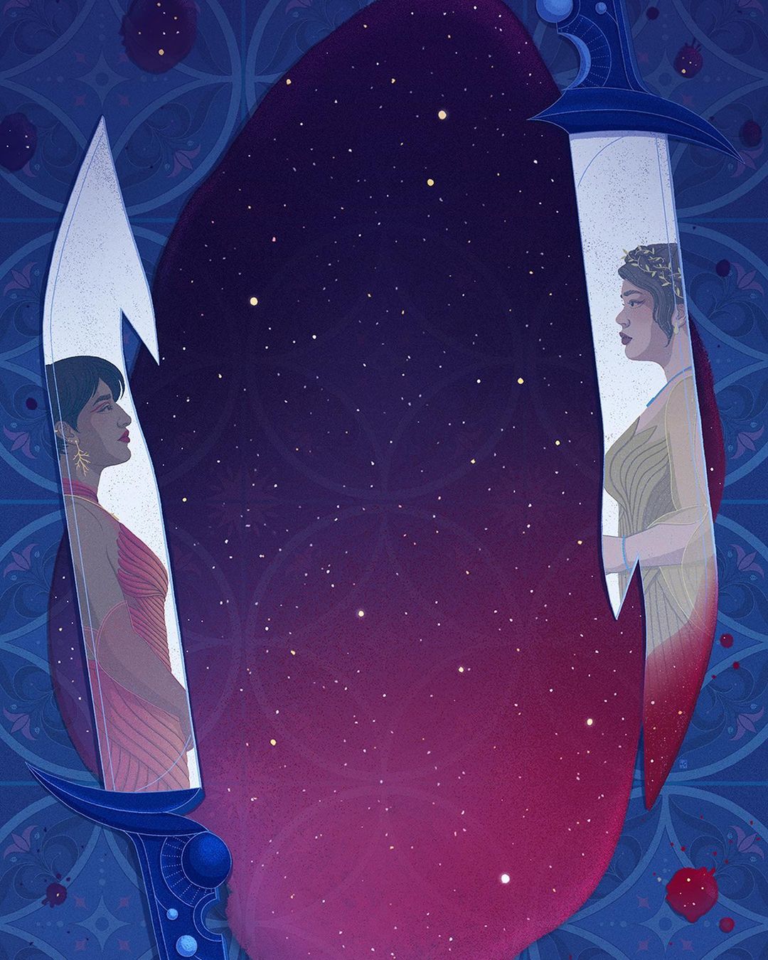 Illustration of two women in profile facing each other, each framed within a sword blade against a cosmic, patterned background.