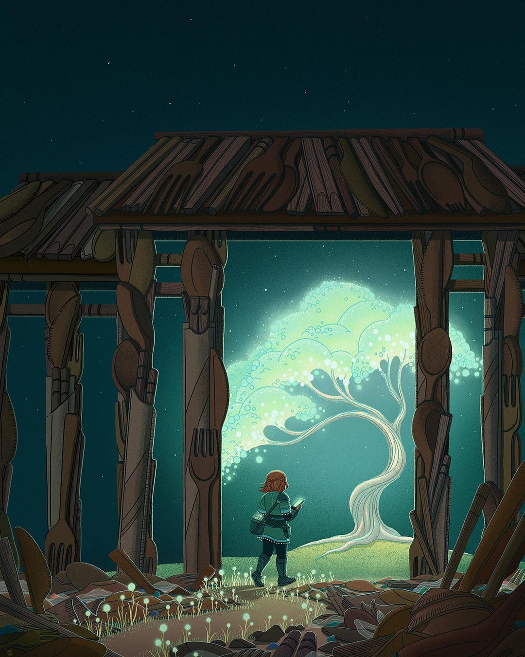 Illustration of a person walking through a fork and spoon structure toward a glowing tree under a dark, starlit sky at night.