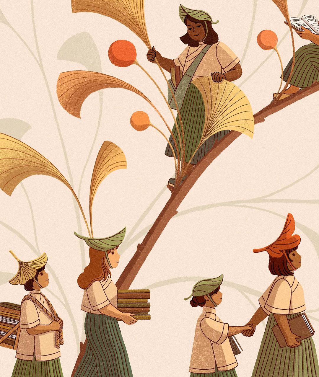 Illustration of several people in matching outfits and leaf hats walking along a tree branch, carrying books and holding hands.