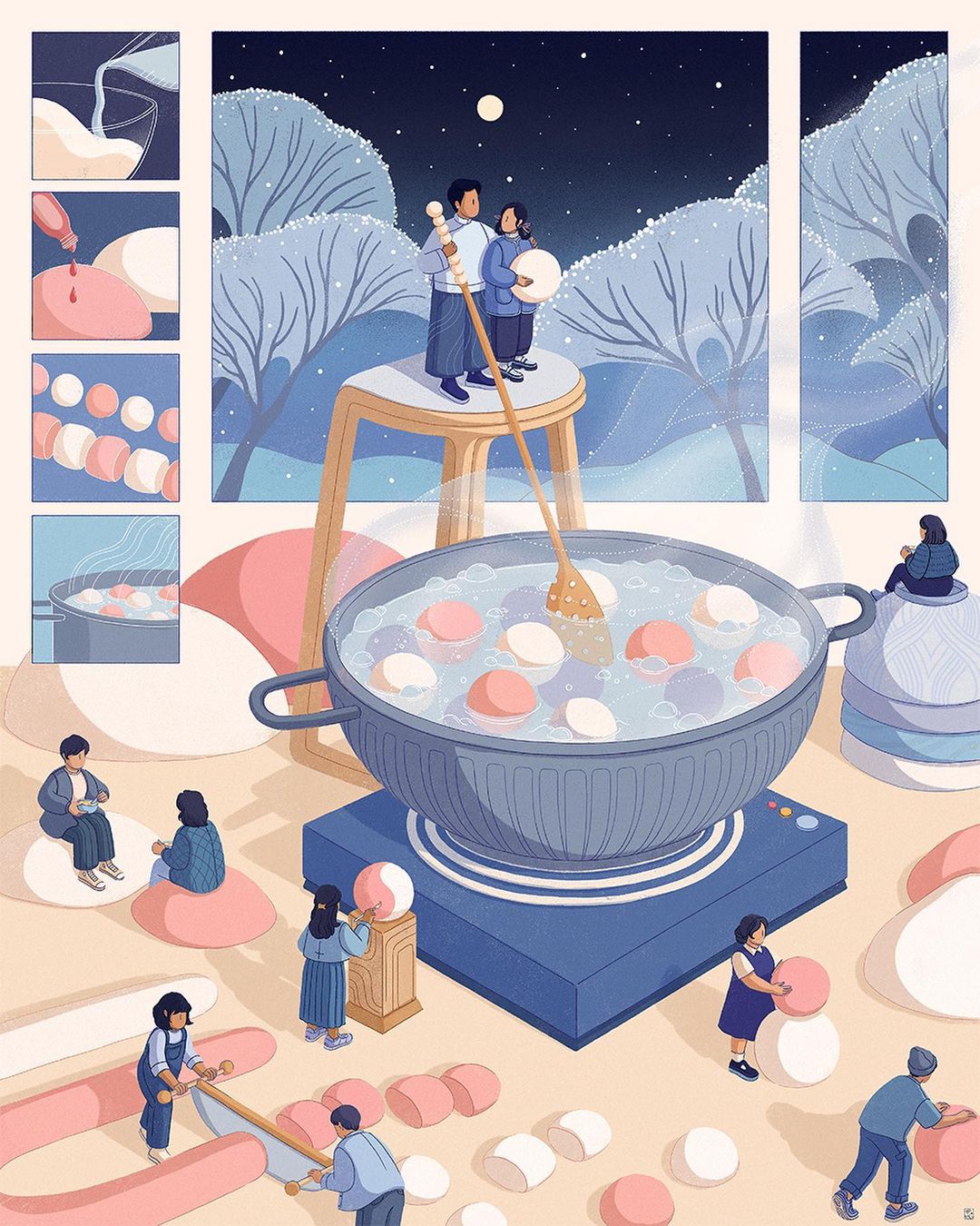 Illustration of people preparing tangyuan, a traditional Chinese dessert, with a night sky backdrop, symbolizing family togetherness and culture.