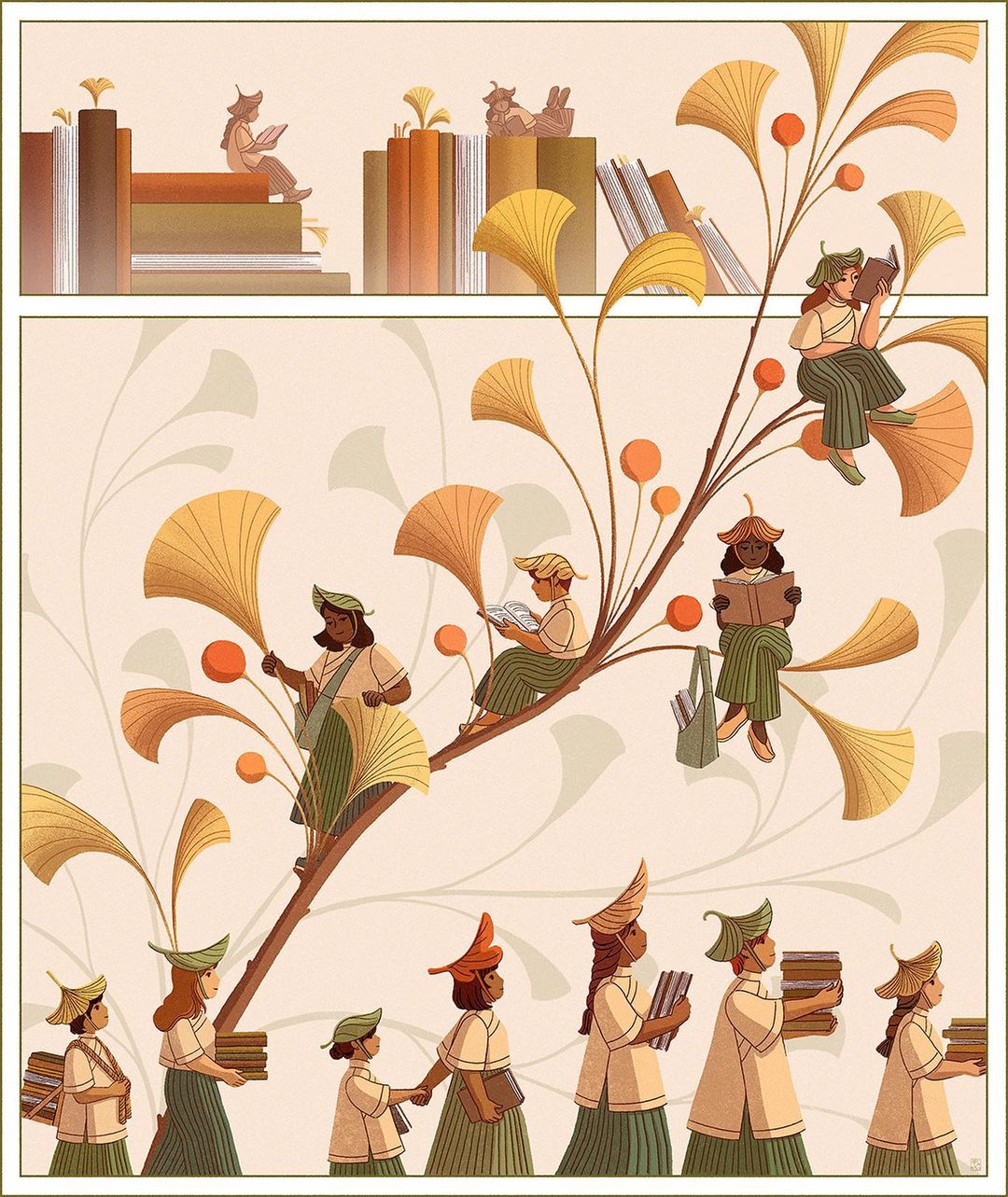 Illustration of group of people wearing hats reading books on a branching tree with books in background, whimsical and artistic style.