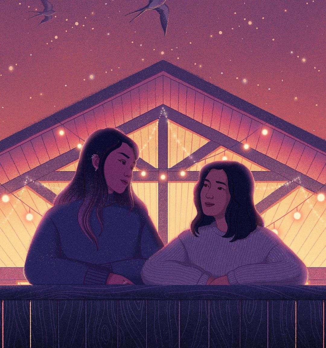Illustration of two young women standing on a balcony at night with string lights, a roof, stars, and flying birds overhead.