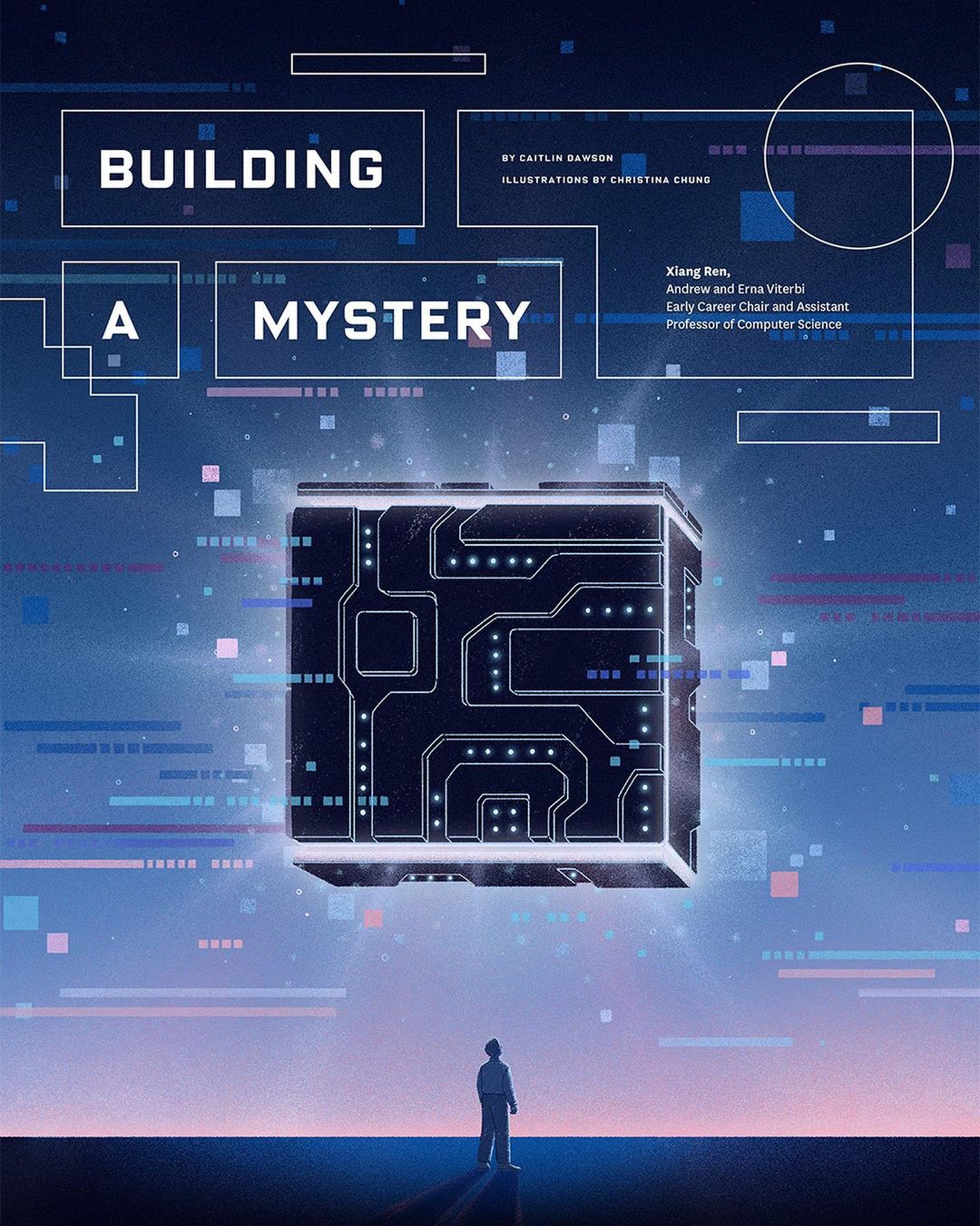 Illustration of a lone figure standing before a large, glowing, circuit-patterned cube suspended in air, against a digital, gradient background.