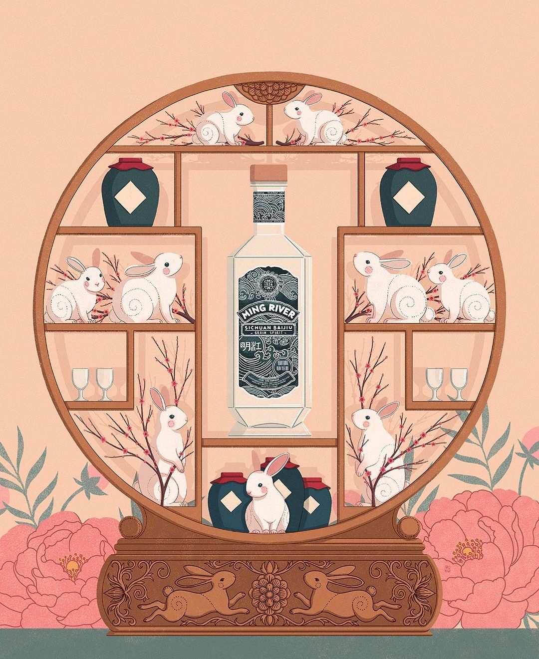 Illustration of a liquor bottle on a shelf with decorative rabbits and flowers in a peach-toned color palette.