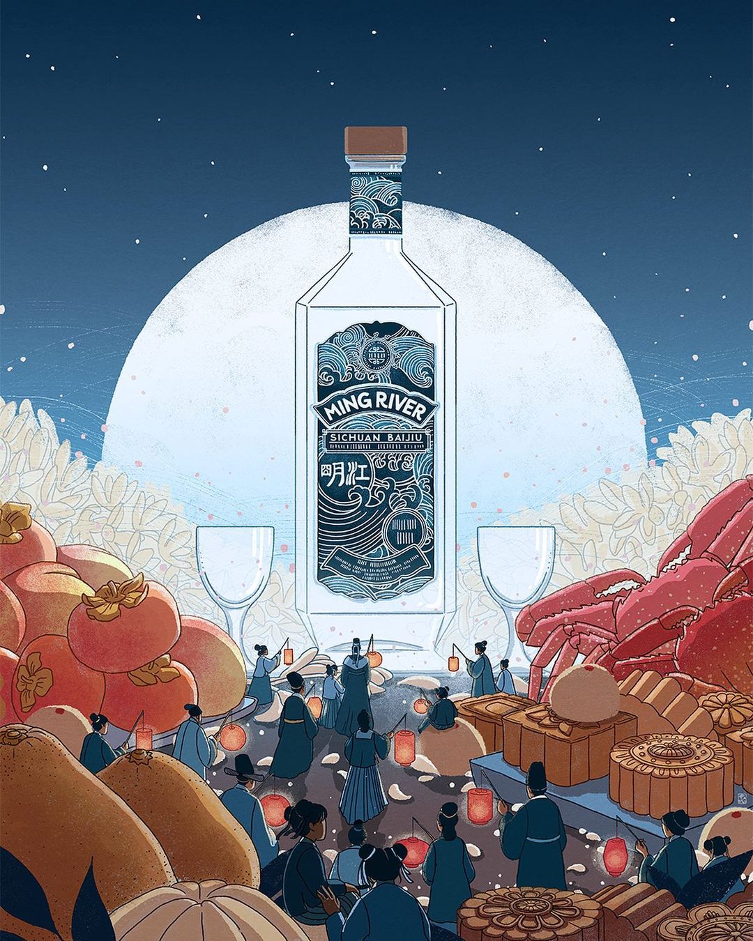 Stylized illustration of a Ming River bottle surrounded by food, drinkware, people with lanterns, and a full moon backdrop.