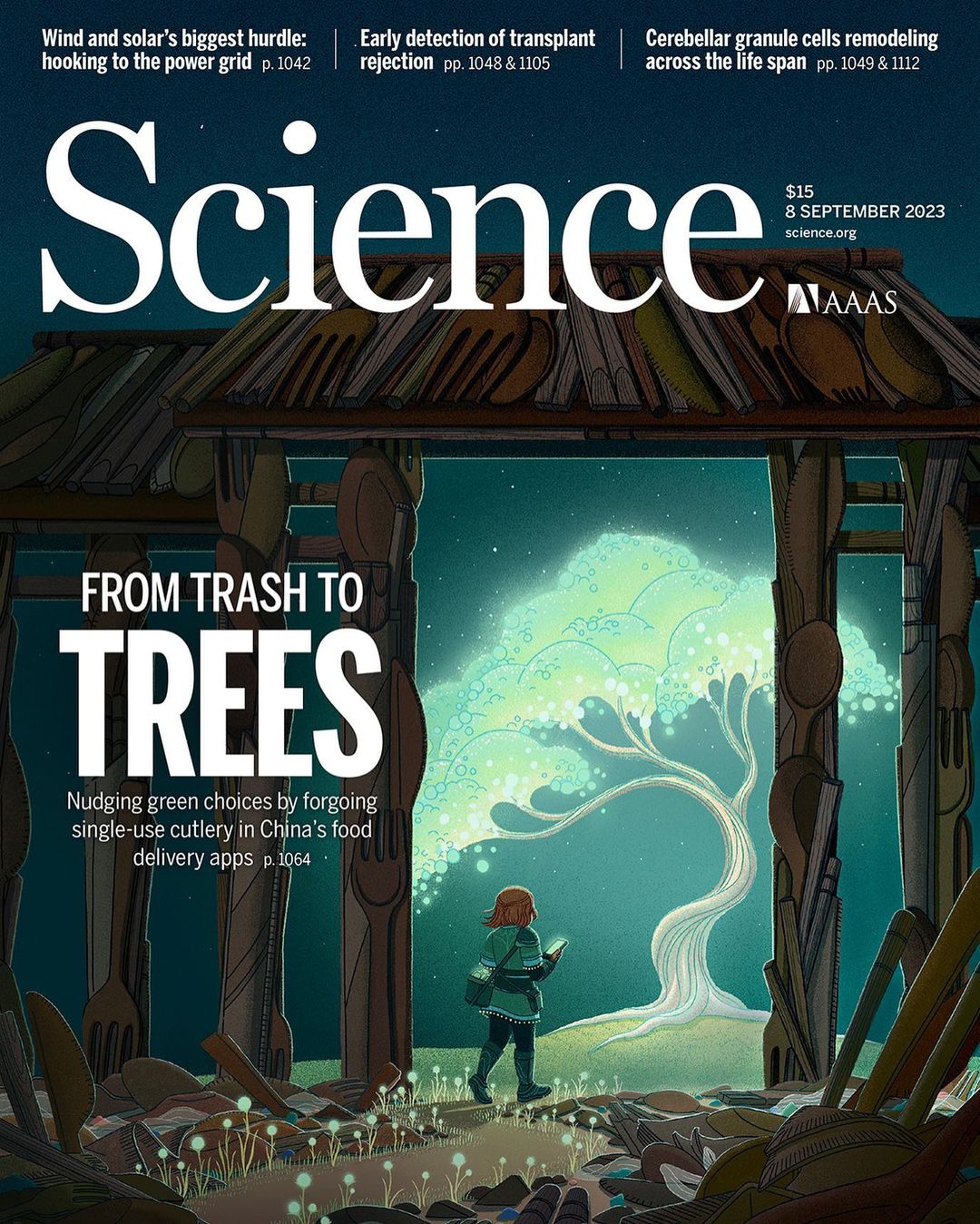 Science Magazine cover featuring an illustration of a person walking toward a glowing tree under a wooden archway at night.