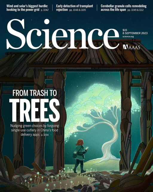 Science Magazine cover featuring an illustration of a person walking toward a glowing tree under a wooden archway at night.