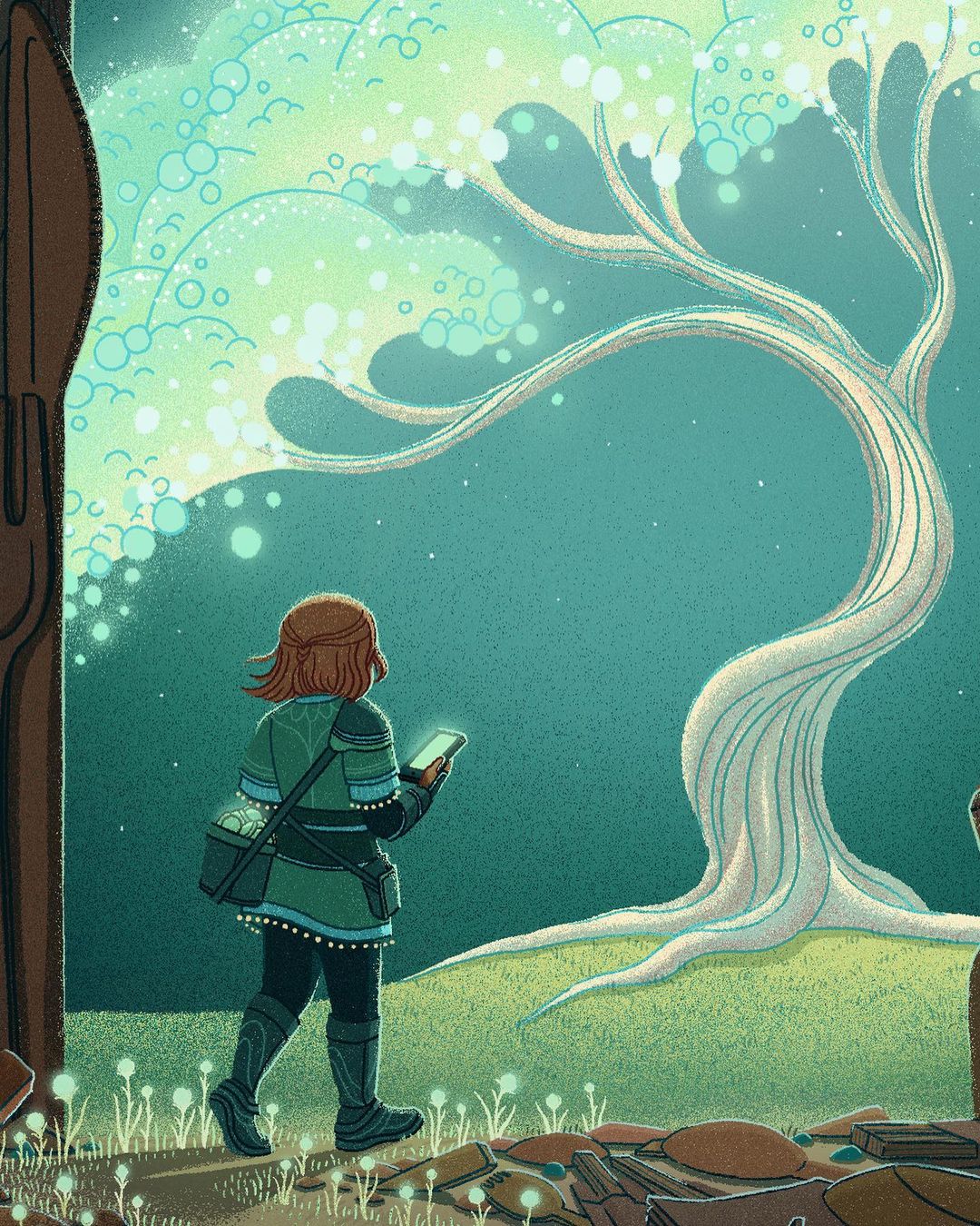 Illustration of a person holding a smartphone walking towards a large tree with glowing orbs, with a blue-green background.