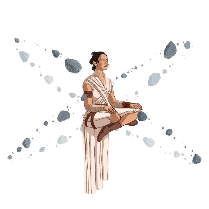 Illustration of a woman meditating cross-legged, levitating, surrounded by floating rocks, against a white background in digital art style.