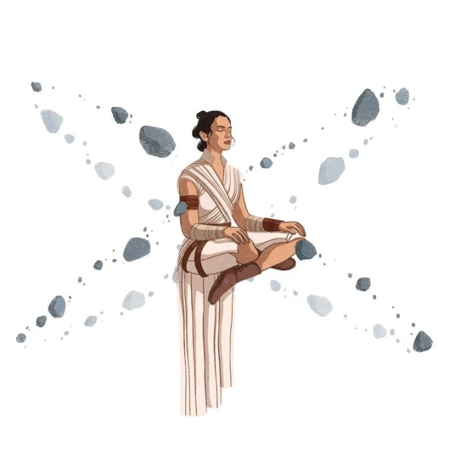 Illustration of a woman meditating cross-legged, levitating, surrounded by floating rocks, against a white background in digital art style.