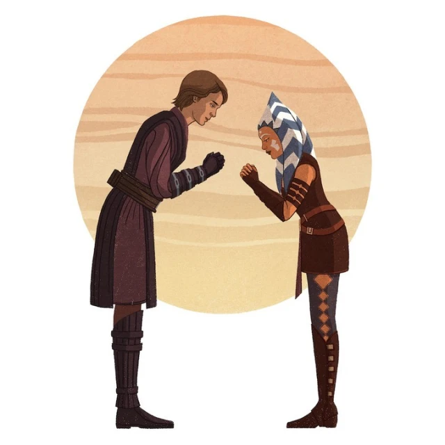 Illustration of Anakin Skywalker and Ahsoka Tano in a respectful bow against a warm, sandy background. Cartoon style, fan art.