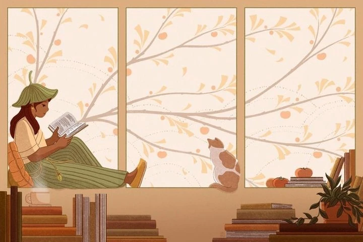 Illustration of a woman reading by a window with a cat, books, and indoor plants, evoking a cozy and peaceful atmosphere with earth tones.