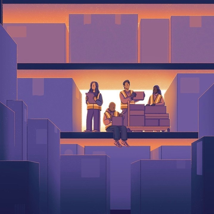 Illustration of four workers in vests with packages on shelves, inside a warehouse under warm lighting, in an animation style.