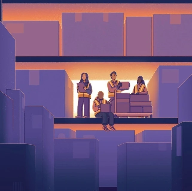 Illustration of four workers in vests with packages on shelves, inside a warehouse under warm lighting, in an animation style.