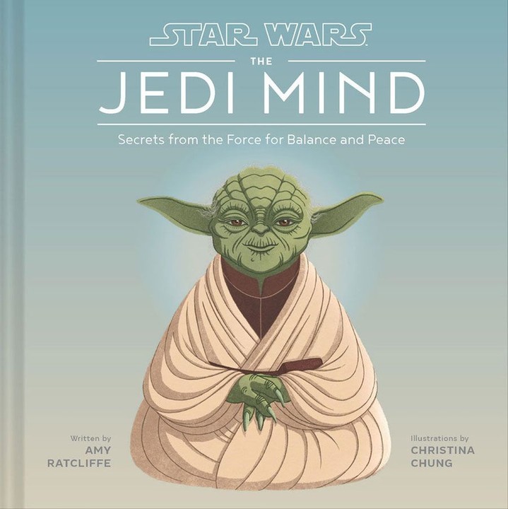 Illustration of Yoda from Star Wars on the cover of 'The Jedi Mind' book, featuring beige and green hues, and graphic design elements.
