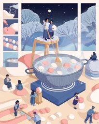 Digital illustration by Christina Chung showing people preparing round pink and white food items near a giant cooking pot.