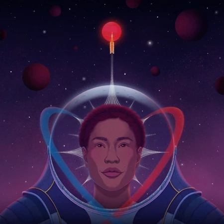 Digital illustration of an astronaut in a helmet with cosmic background and glowing rocket launch by Christina Chung