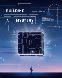 Digital illustration of a lone figure standing before a glowing technological cube under a digital sky with geometric lines.