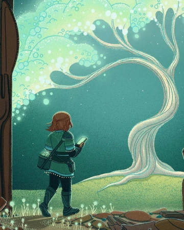 Digital illustration of a person with reddish hair wearing green clothing holding a glowing device under a large glowing tree.