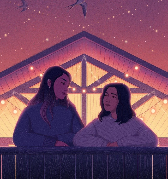 Illustration of two women leaning on a wooden railing beneath a peaked roof strung with fairy lights at dusk.