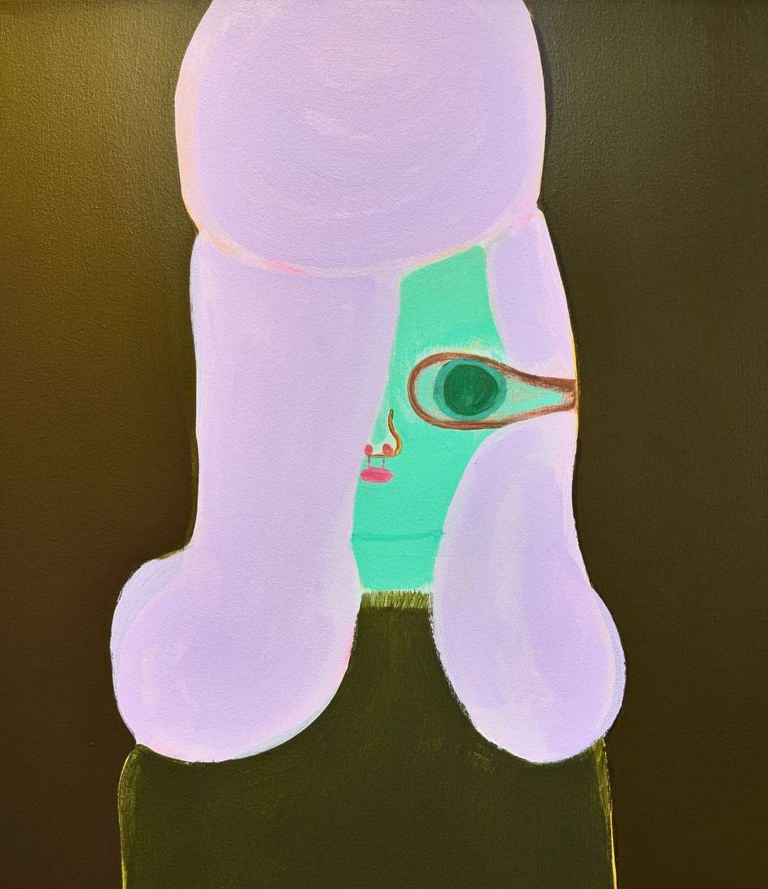 Abstract portrait art of a figure with lavender hair and mint green skin, set against a dark olive background, rendered in a painted style.