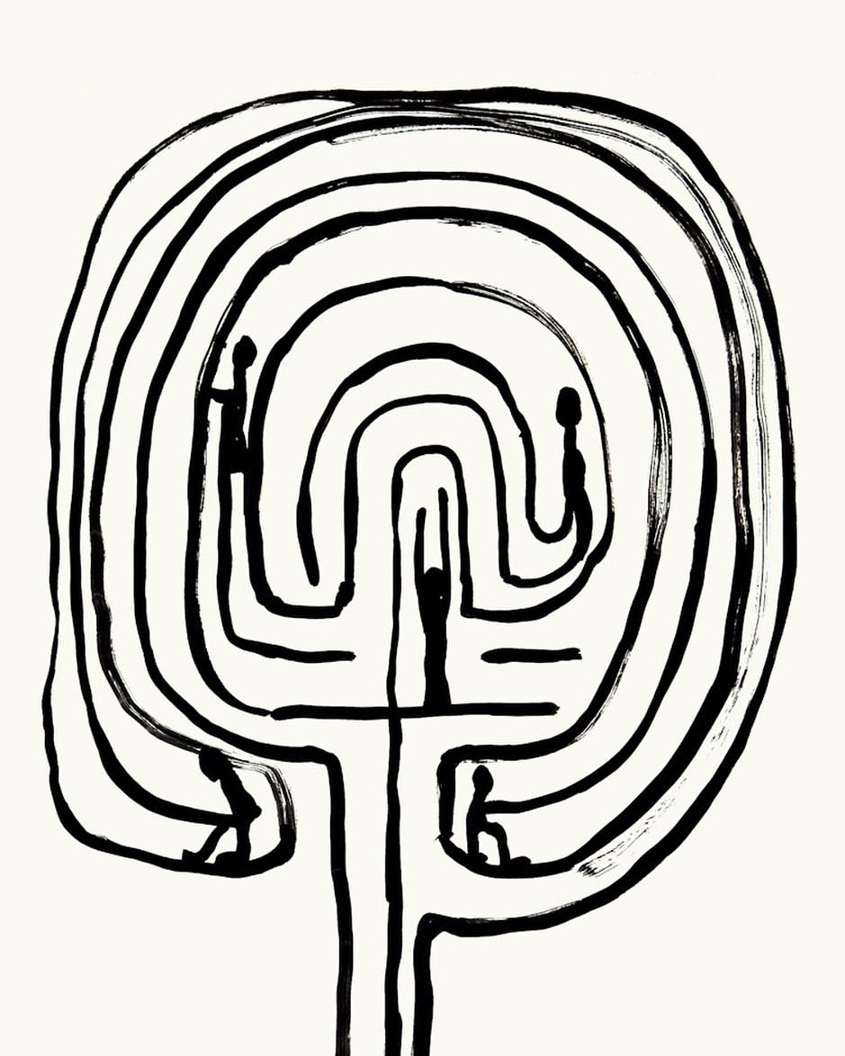 Black and white ink illustration depicting several figures integrated within a labyrinth-like structure on a light background.
