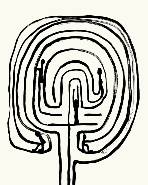 Black and white ink illustration depicting several figures integrated within a labyrinth-like structure on a light background.