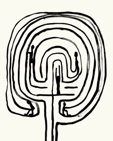 Black and white ink illustration depicting several figures integrated within a labyrinth-like structure on a light background.