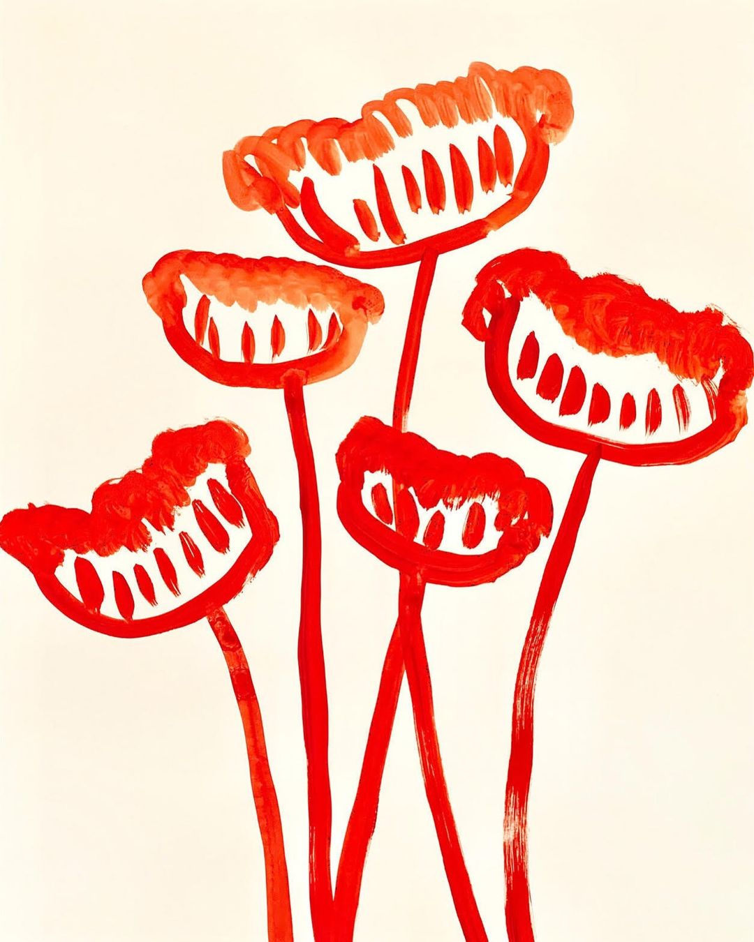 Red painted flowers illustration on a white background. Bright red color and expressive brushstrokes create a vibrant botanical art piece.