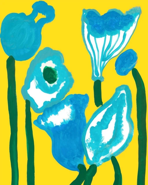 Vibrant painting of blue flowers with green stems on a bright yellow background, showcasing bold brushstrokes and a cheerful, modern aesthetic.