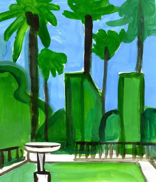 Whimsical acrylic painting of a lush green garden with palm trees, neatly trimmed hedges, and a small round table on a patio.