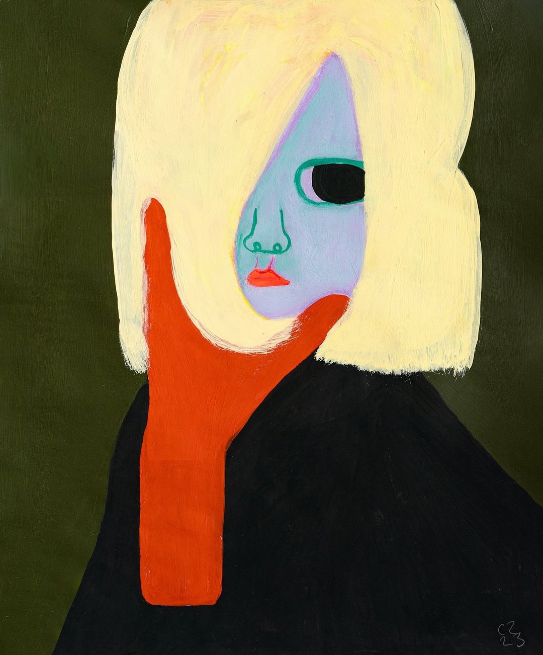 Abstract painting features a pale-blue-faced figure with yellow hair, an orange hand, and a black garment, set against an olive-green backdrop.
