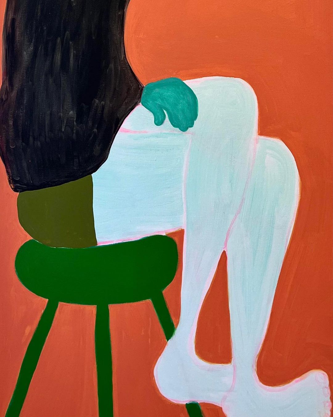 Colorful illustration by Christina Zimpel of a seated figure on a green stool against an orange background
