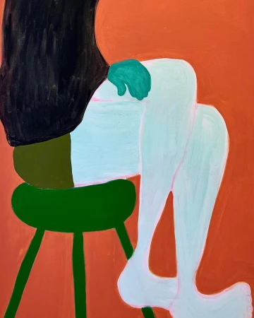 Colorful illustration by Christina Zimpel of a seated figure on a green stool against an orange background