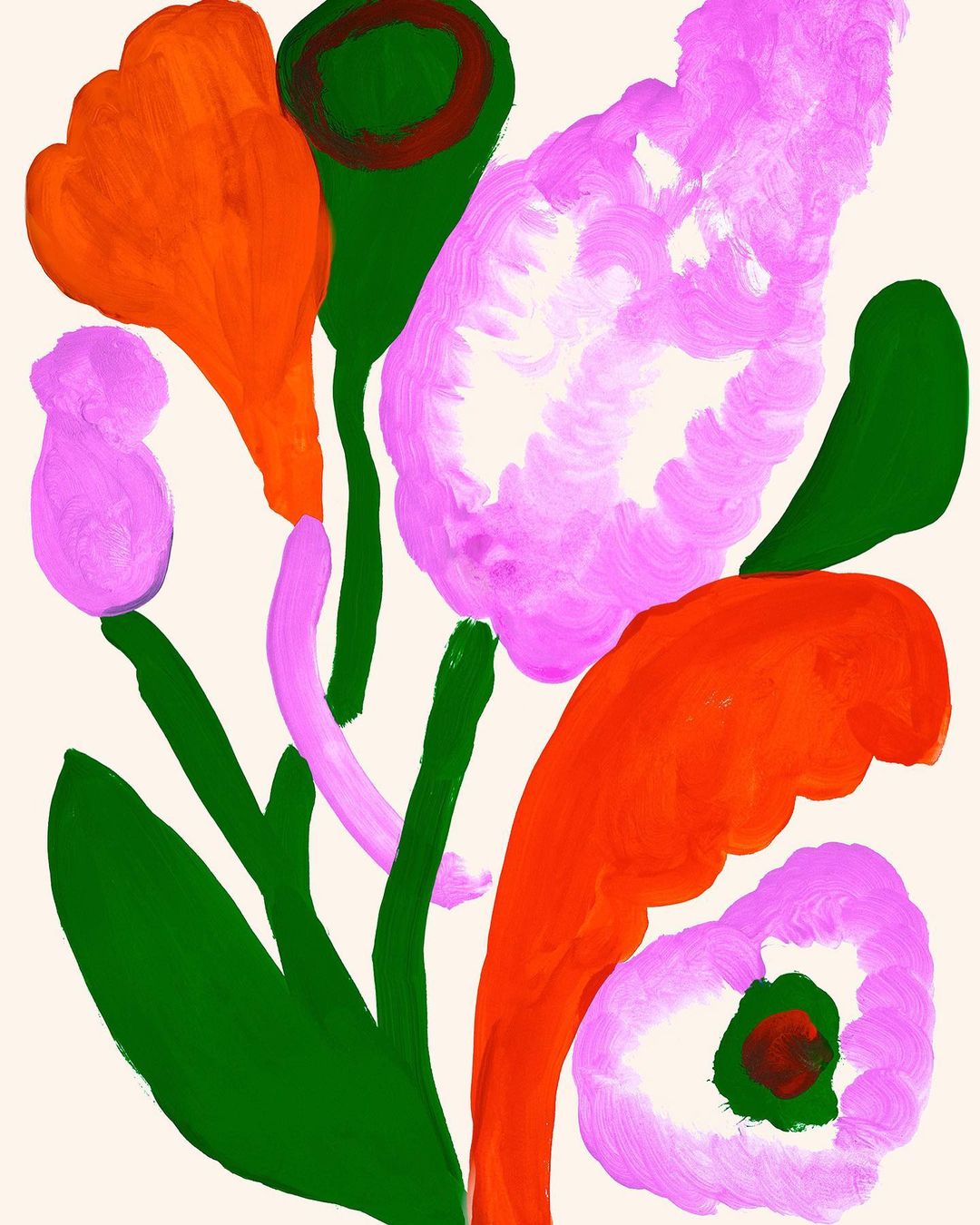 Vibrant floral painting features orange and pink blooms with green stems against a neutral background, rendered in a bold, illustrative style.
