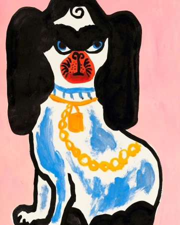 Illustration of a dog with black and white markings, a red nose, blue eyes, and a gold chain against a pink background.