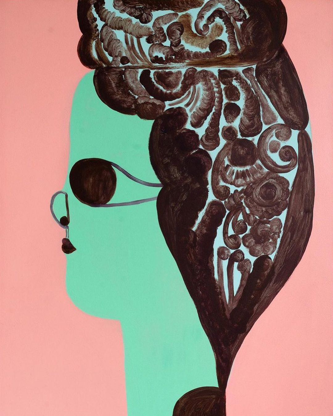 Unique art piece features a mint-green toned person in profile with a large brown hairstyle and pink backdrop. Whimsical and surreal.