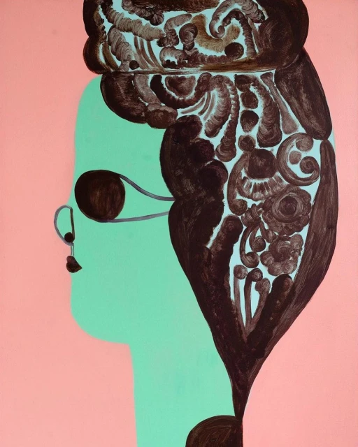 Unique art piece features a mint-green toned person in profile with a large brown hairstyle and pink backdrop. Whimsical and surreal.