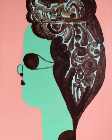 Unique art piece features a mint-green toned person in profile with a large brown hairstyle and pink backdrop. Whimsical and surreal.